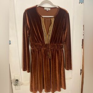 Velvet Brown Dress with Embroidered Detail
